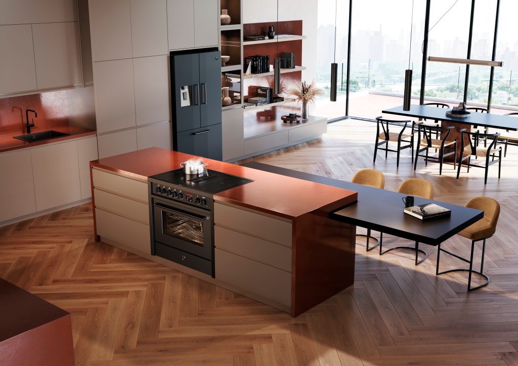 Plano general donde se puede ver una cocina enfasi mistral de steel en un diseño de cocina.